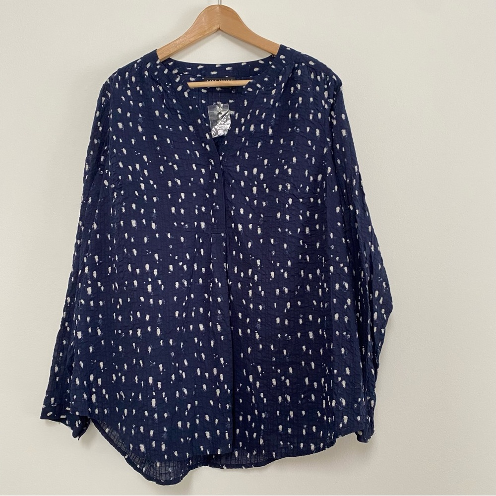 Lane Bryant Cotton Lightweight Quarter Buttoned Split Neck Blouse 14 Navy NWOT